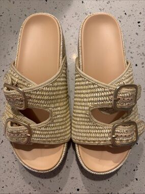 Neutral‎ Woven Double-Buckle Slide Sandals - Beige